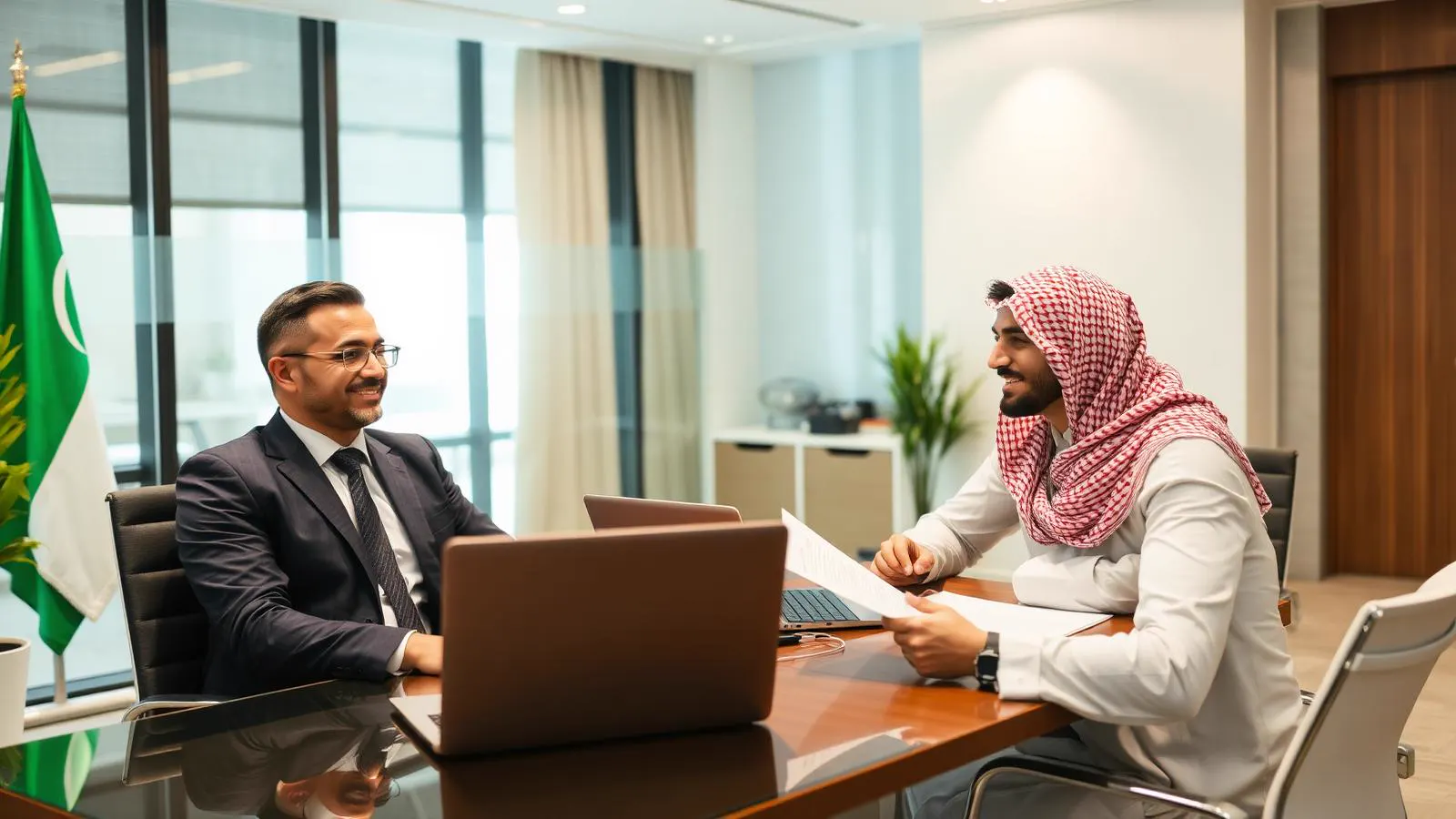 Alliance business consultant advising an entrepreneur in a Kuwait office