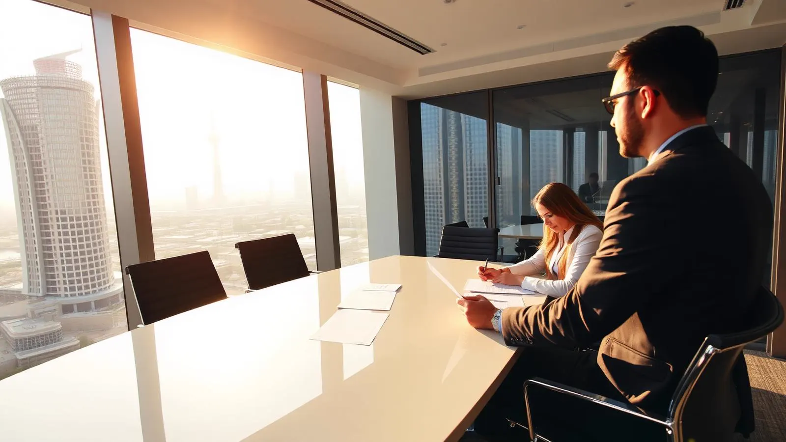 Modern business consultants meeting in a Kuwait City tower with the skyline in the background